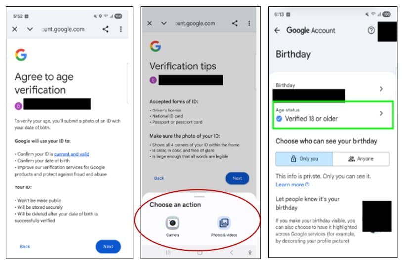 The image shows a series of mobile device screens displaying various Google account verification and settings options.