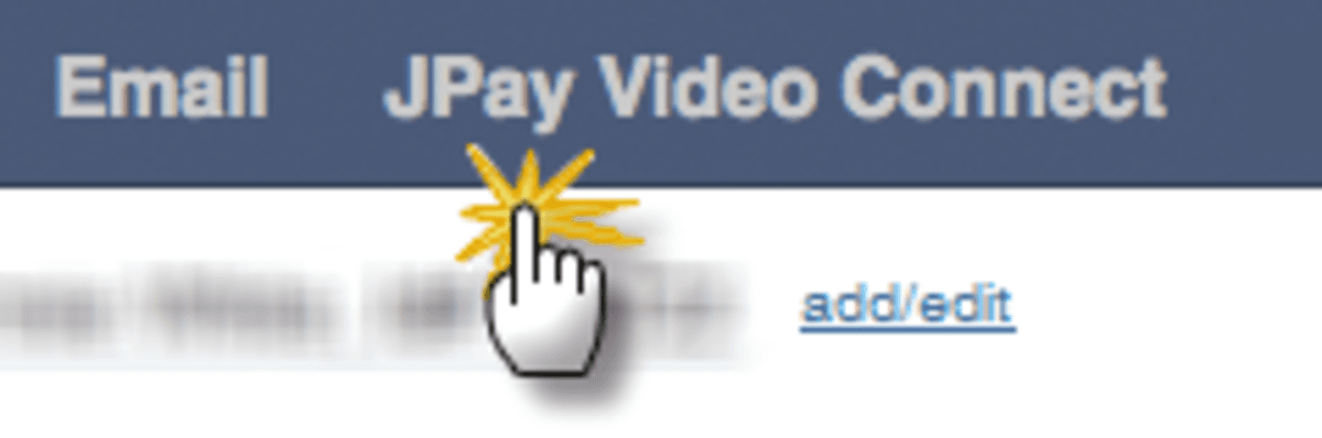The image displays a computer interface with a "JPay Video Connect" title and a hand cursor icon hovering over an "add/edit" button, set against a blurred background.
