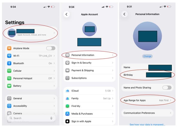 The image shows the settings menu of a mobile device, displaying various options such as Apple Account, Personal Information, and Communication Preferences.